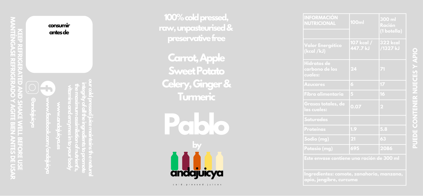 Pablo – Cold Pressed Juice with Apple, Celery, Carrot, Sweet Potato, Turmeric & Ginger