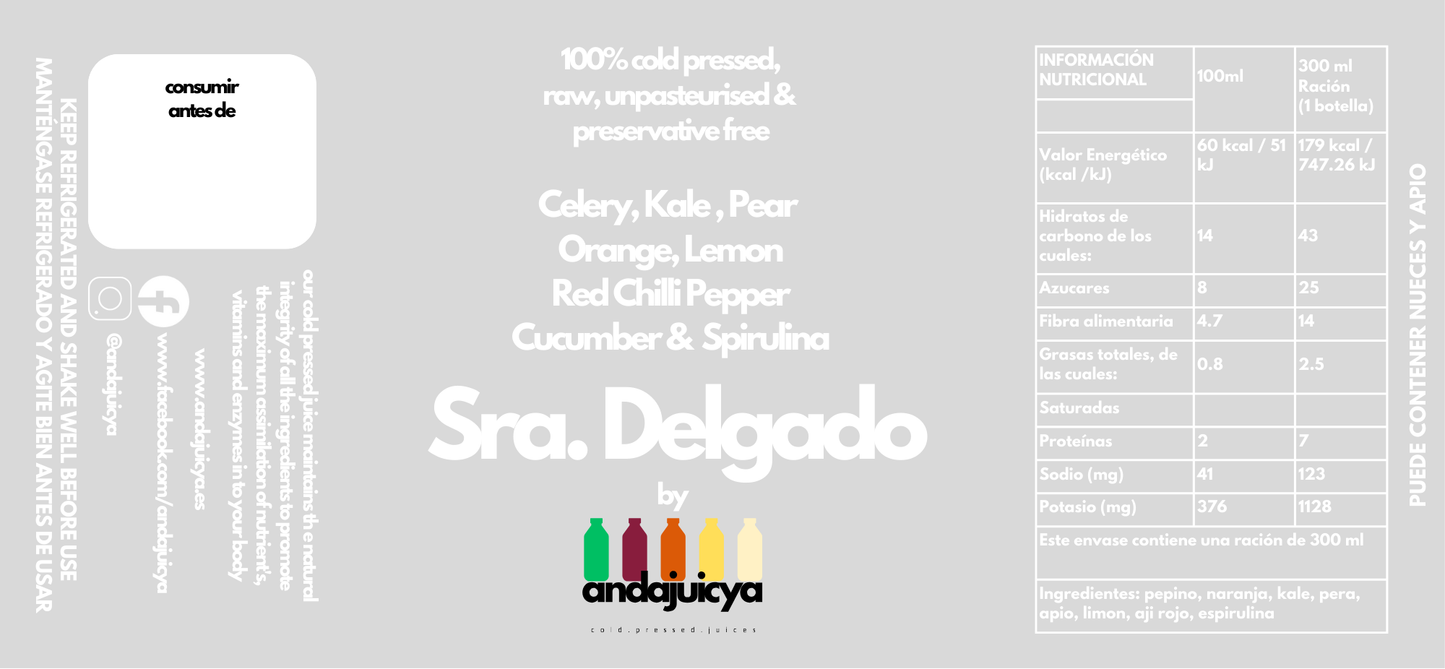 Señora Delgado – Cold Pressed Juice with Kale, Celery, Cucumber, Orange, Pear, Lemon, Chilli & Green Spirulina