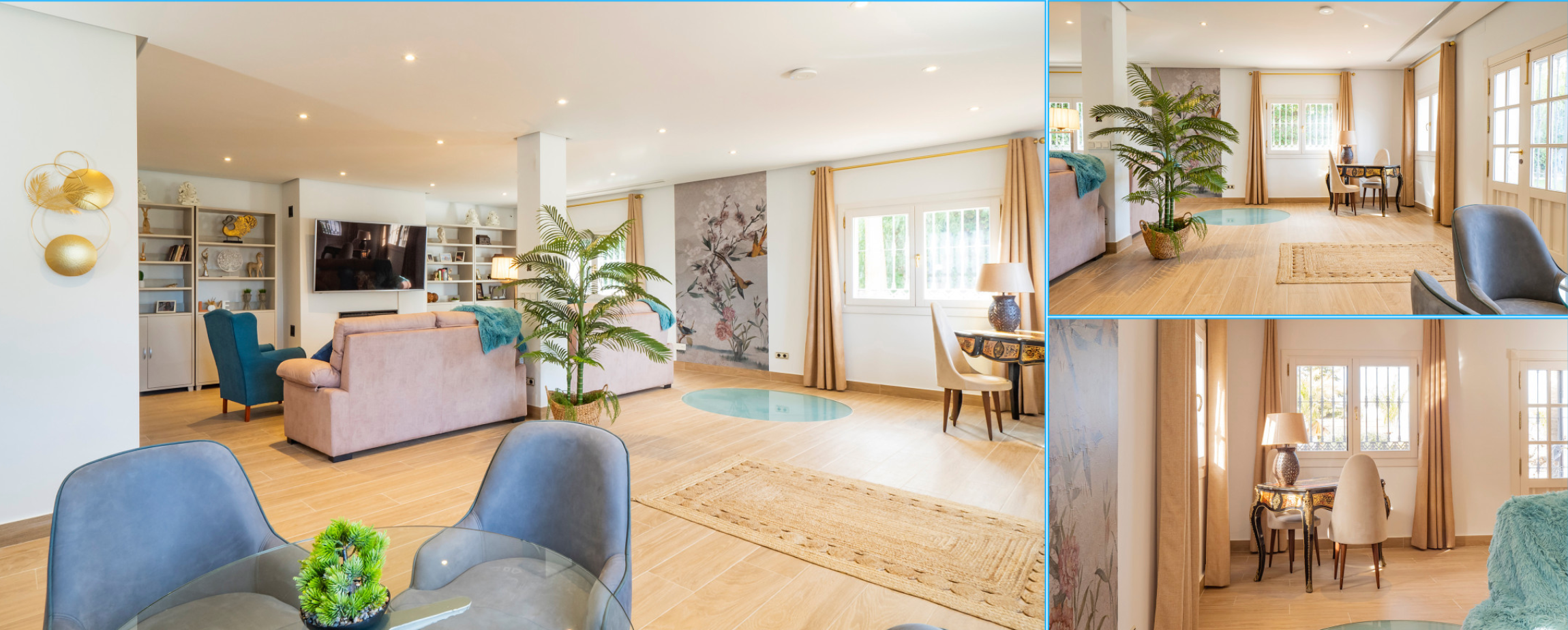 Collage of a modern living room with furniture and decor.