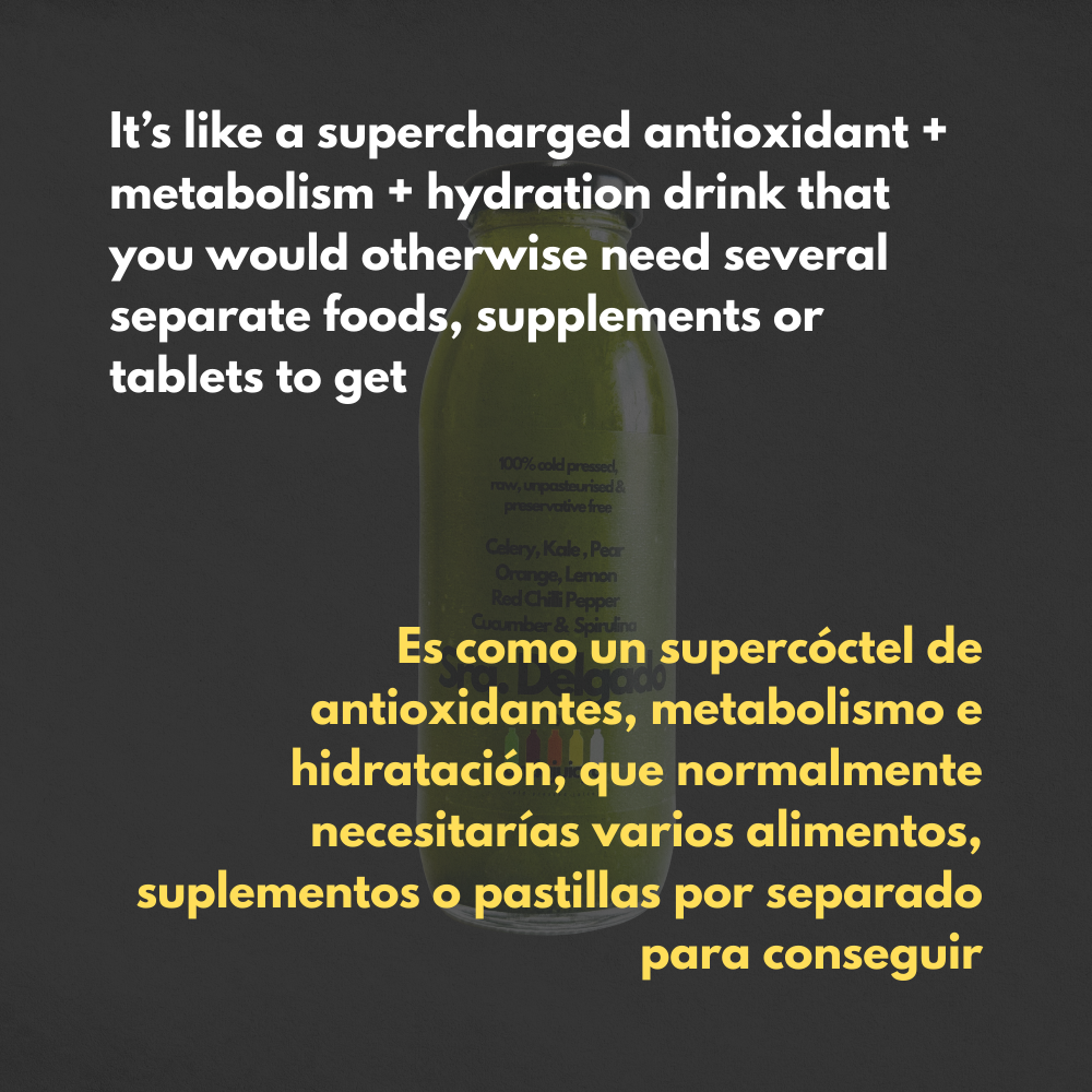 Señora Delgado – Cold Pressed Juice with Kale, Celery, Cucumber, Orange, Pear, Lemon, Chilli & Green Spirulina