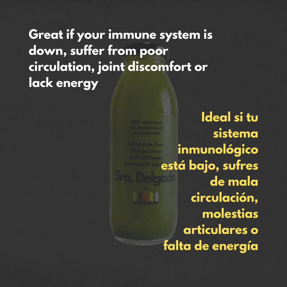 Señora Delgado – Cold Pressed Juice with Kale, Celery, Cucumber, Orange, Pear, Lemon, Chilli & Green Spirulina