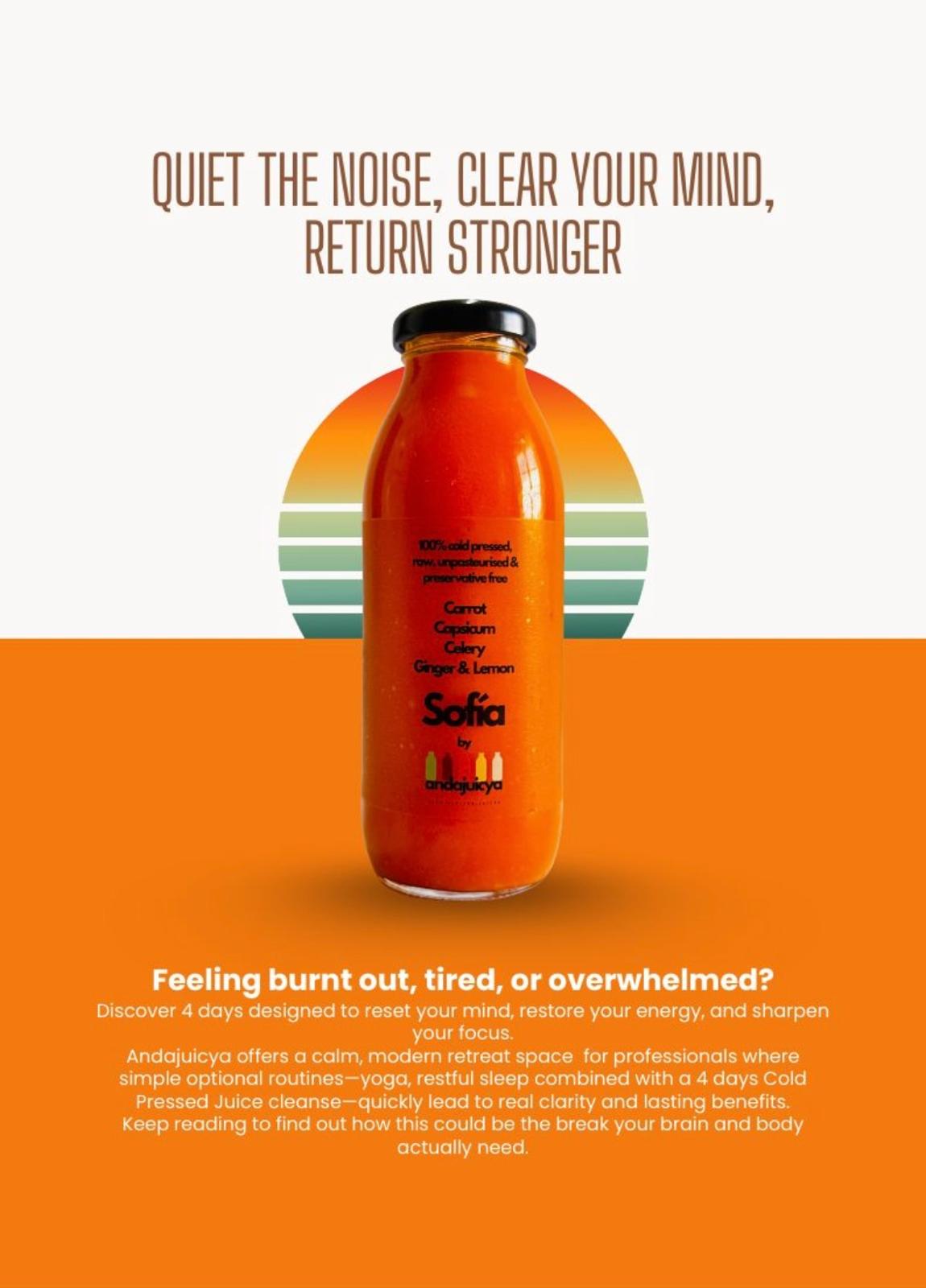 Orange juice bottle with text on an orange background
