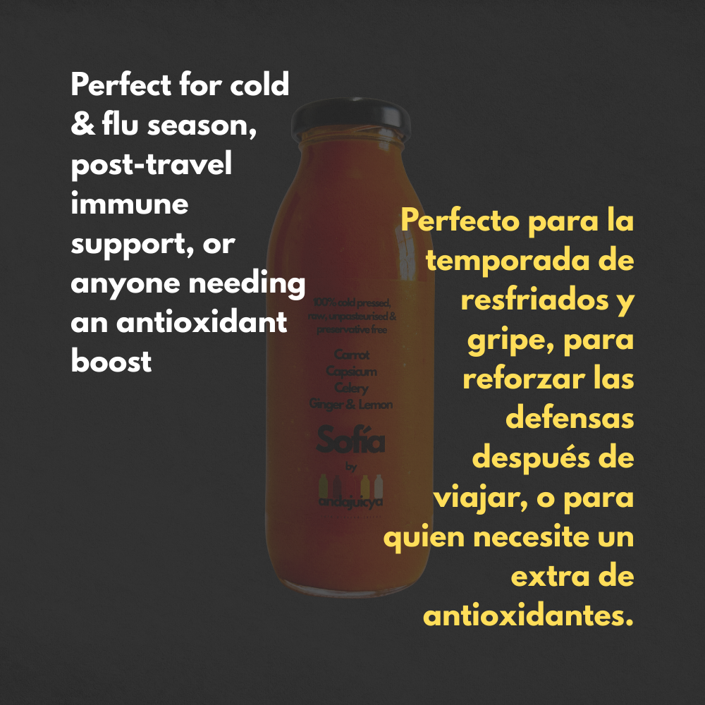 Sofía – Zumo Prensado en Frío con Pimiento, Zanahoria, Apio, Limón y Jengibre